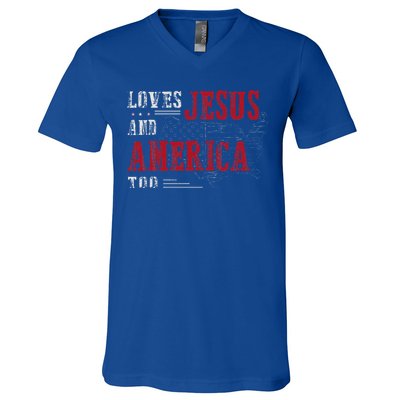 Love Jesus And America Too Funny America Flag V-Neck T-Shirt