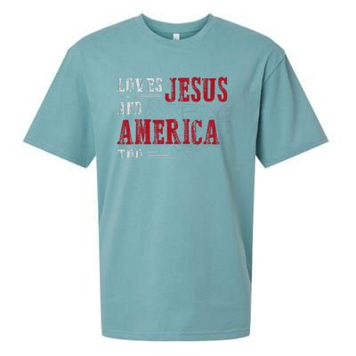 Love Jesus And America Too Funny America Flag Sueded Cloud Jersey T-Shirt