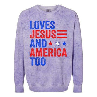 Loves Jesus and America Too God Christian 4th of July Colorblast Crewneck Sweatshirt