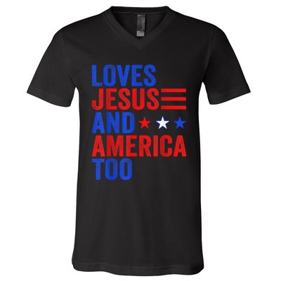 Loves Jesus and America Too God Christian 4th of July V-Neck T-Shirt