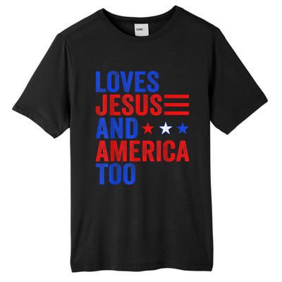 Loves Jesus and America Too God Christian 4th of July Tall Fusion ChromaSoft Performance T-Shirt