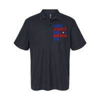 Loves Jesus and America Too God Christian 4th of July Softstyle Adult Sport Polo