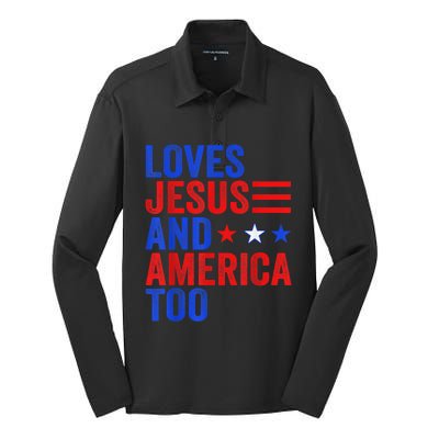 Loves Jesus and America Too God Christian 4th of July Silk Touch Performance Long Sleeve Polo