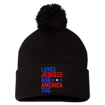 Loves Jesus and America Too God Christian 4th of July Pom Pom 12in Knit Beanie