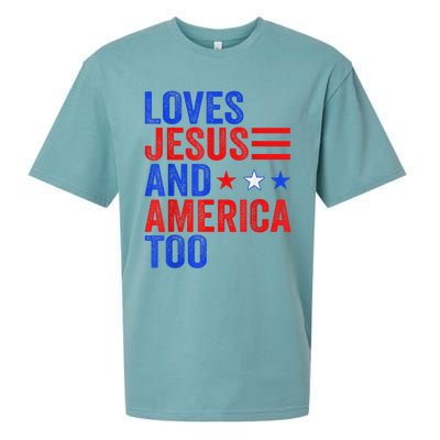 Loves Jesus and America Too God Christian 4th of July Sueded Cloud Jersey T-Shirt