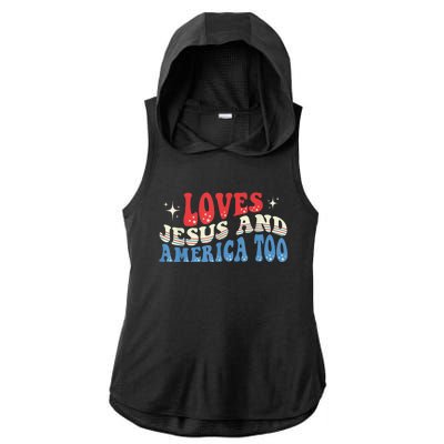 Loves Jesus and America Too God Christian Groovy 4th of July Ladies PosiCharge Tri-Blend Wicking Draft Hoodie Tank