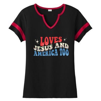 Loves Jesus and America Too God Christian Groovy 4th of July Ladies Halftime Notch Neck Tee