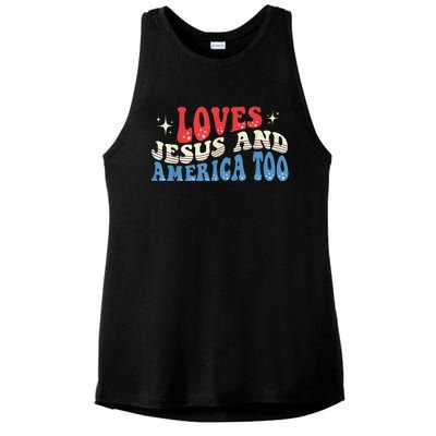 Loves Jesus and America Too God Christian Groovy 4th of July Ladies PosiCharge Tri-Blend Wicking Tank