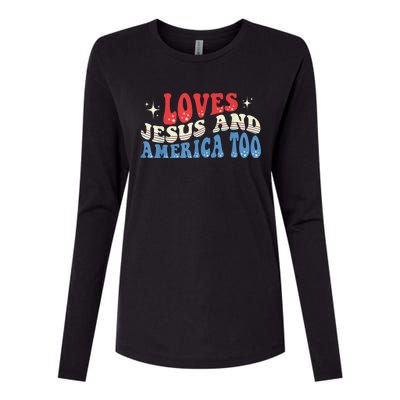 Loves Jesus and America Too God Christian Groovy 4th of July Womens Cotton Relaxed Long Sleeve T-Shirt