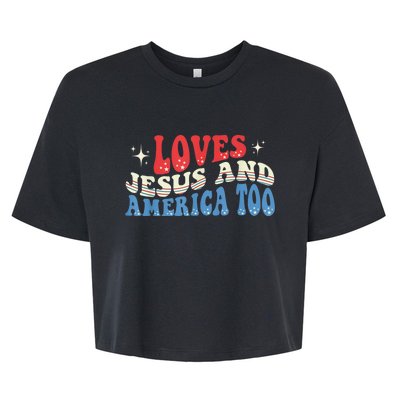 Loves Jesus and America Too God Christian Groovy 4th of July Bella+Canvas Jersey Crop Tee