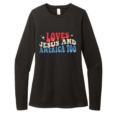 Loves Jesus and America Too God Christian Groovy 4th of July Womens CVC Long Sleeve Shirt