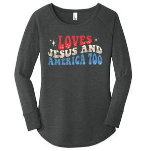 Loves Jesus and America Too God Christian Groovy 4th of July Women's Perfect Tri Tunic Long Sleeve Shirt