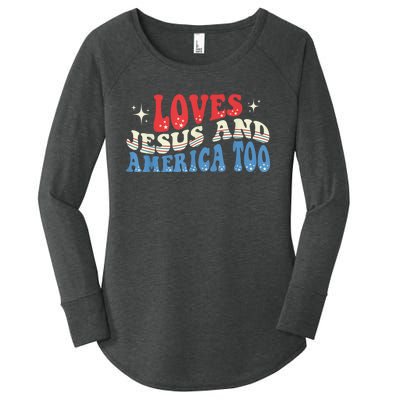 Loves Jesus and America Too God Christian Groovy 4th of July Women's Perfect Tri Tunic Long Sleeve Shirt