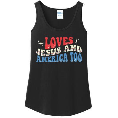 Loves Jesus and America Too God Christian Groovy 4th of July Ladies Essential Tank