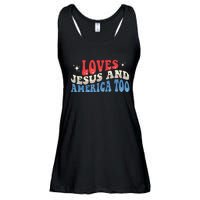 Loves Jesus and America Too God Christian Groovy 4th of July Ladies Essential Flowy Tank