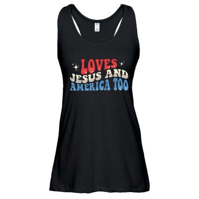 Loves Jesus and America Too God Christian Groovy 4th of July Ladies Essential Flowy Tank