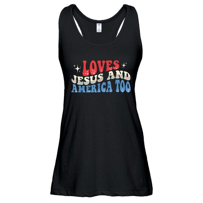 Loves Jesus and America Too God Christian Groovy 4th of July Ladies Essential Flowy Tank