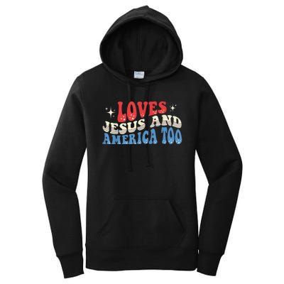 Loves Jesus and America Too God Christian Groovy 4th of July Women's Pullover Hoodie