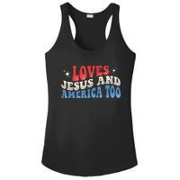 Loves Jesus and America Too God Christian Groovy 4th of July Ladies PosiCharge Competitor Racerback Tank