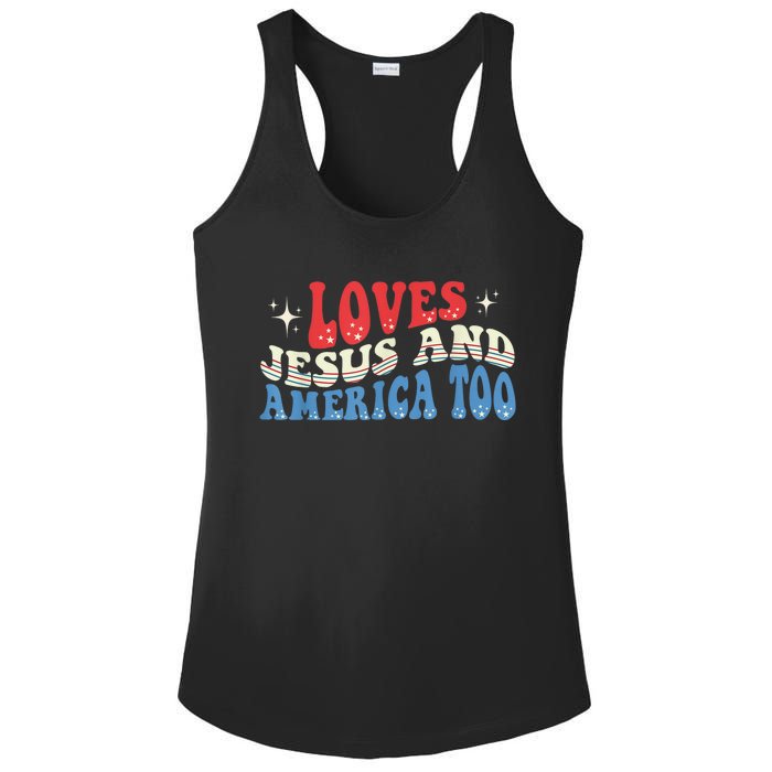 Loves Jesus and America Too God Christian Groovy 4th of July Ladies PosiCharge Competitor Racerback Tank