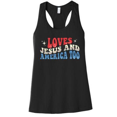 Loves Jesus and America Too God Christian Groovy 4th of July Women's Racerback Tank