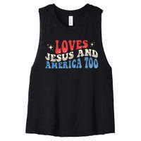 Loves Jesus and America Too God Christian Groovy 4th of July Women's Racerback Cropped Tank