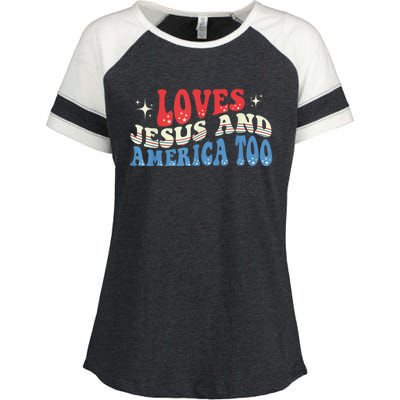 Loves Jesus and America Too God Christian Groovy 4th of July Enza Ladies Jersey Colorblock Tee