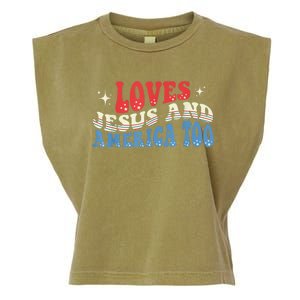 Loves Jesus and America Too God Christian Groovy 4th of July Garment-Dyed Women's Muscle Tee