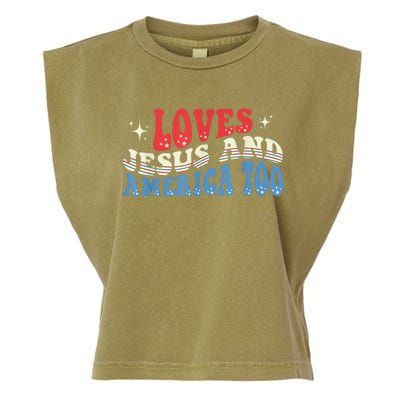 Loves Jesus and America Too God Christian Groovy 4th of July Garment-Dyed Women's Muscle Tee