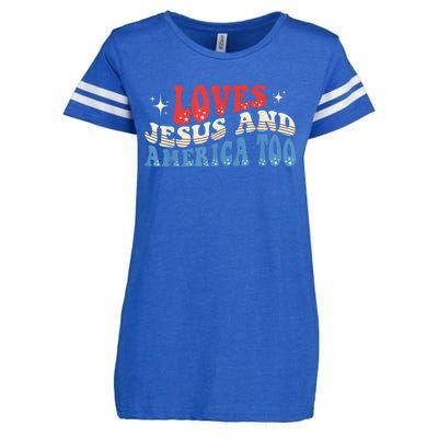 Loves Jesus and America Too God Christian Groovy 4th of July Enza Ladies Jersey Football T-Shirt