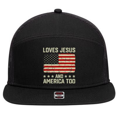 Loves Jesus And America Too USA Patriotic Christian 7 Panel Mesh Trucker Snapback Hat