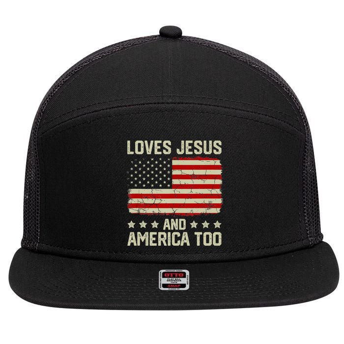 Loves Jesus And America Too USA Patriotic Christian 7 Panel Mesh Trucker Snapback Hat