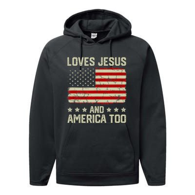 Loves Jesus And America Too USA Patriotic Christian Performance Fleece Hoodie