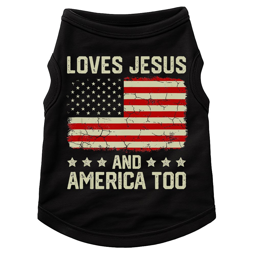 Loves Jesus And America Too USA Patriotic Christian Doggie Tank