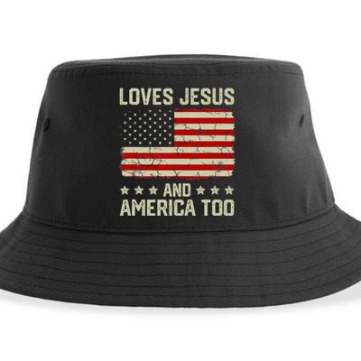 Loves Jesus And America Too USA Patriotic Christian Sustainable Bucket Hat