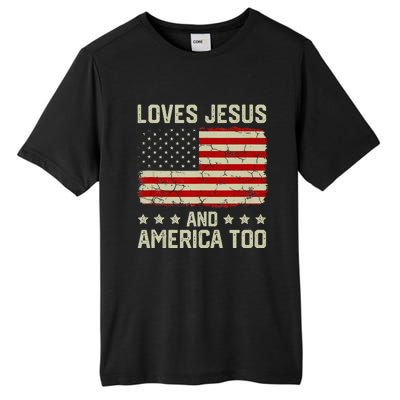 Loves Jesus And America Too USA Patriotic Christian Tall Fusion ChromaSoft Performance T-Shirt