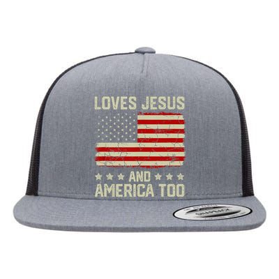 Loves Jesus And America Too USA Patriotic Christian Flat Bill Trucker Hat