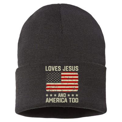 Loves Jesus And America Too USA Patriotic Christian Sustainable Knit Beanie