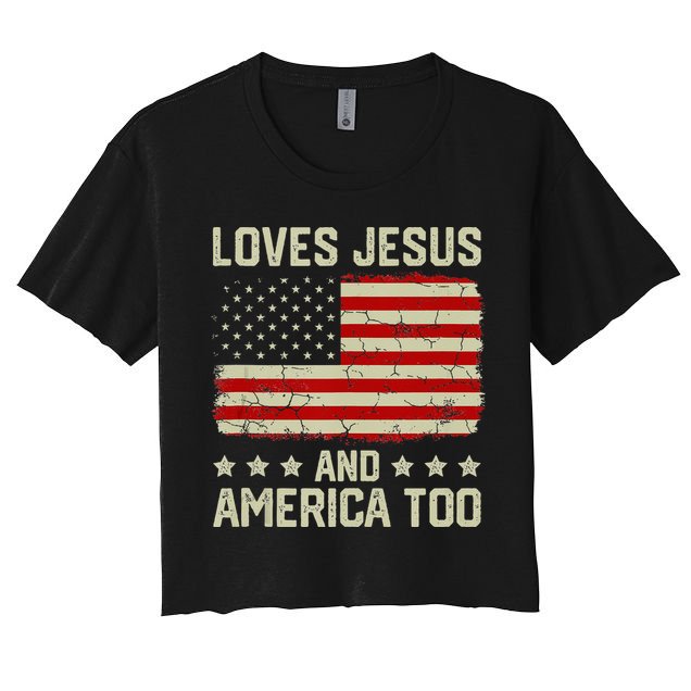 Loves Jesus And America Too USA Patriotic Christian Crop Top