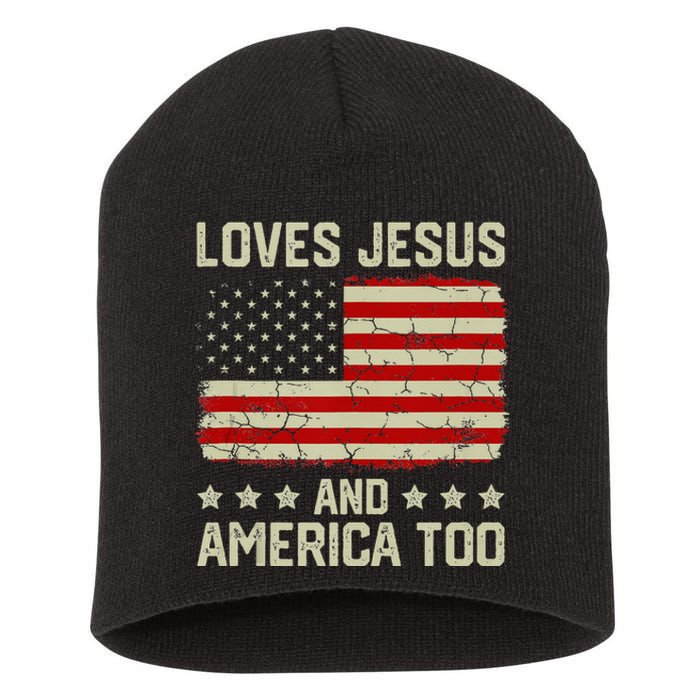 Loves Jesus And America Too USA Patriotic Christian Short Acrylic Beanie