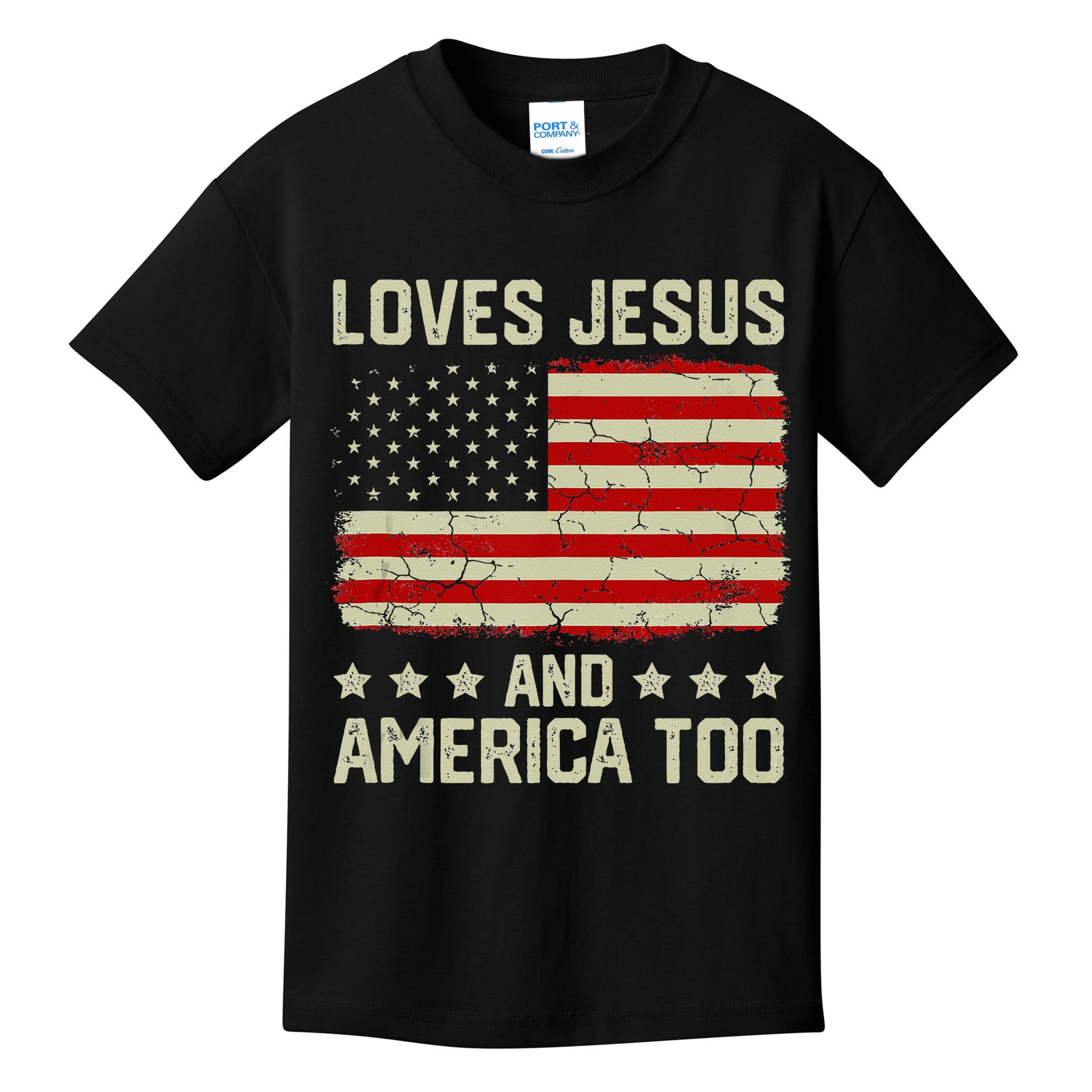Loves Jesus And America Too USA Patriotic Christian Kids T-Shirt