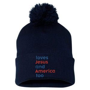 Loves Jesus And America Too Inspired Patriotic Pom Pom 12in Knit Beanie