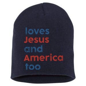 Loves Jesus And America Too Inspired Patriotic Short Acrylic Beanie