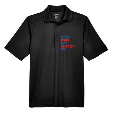 Loves Jesus and America Too God Christian 4th of July retro Men's Origin Performance Piqué Polo