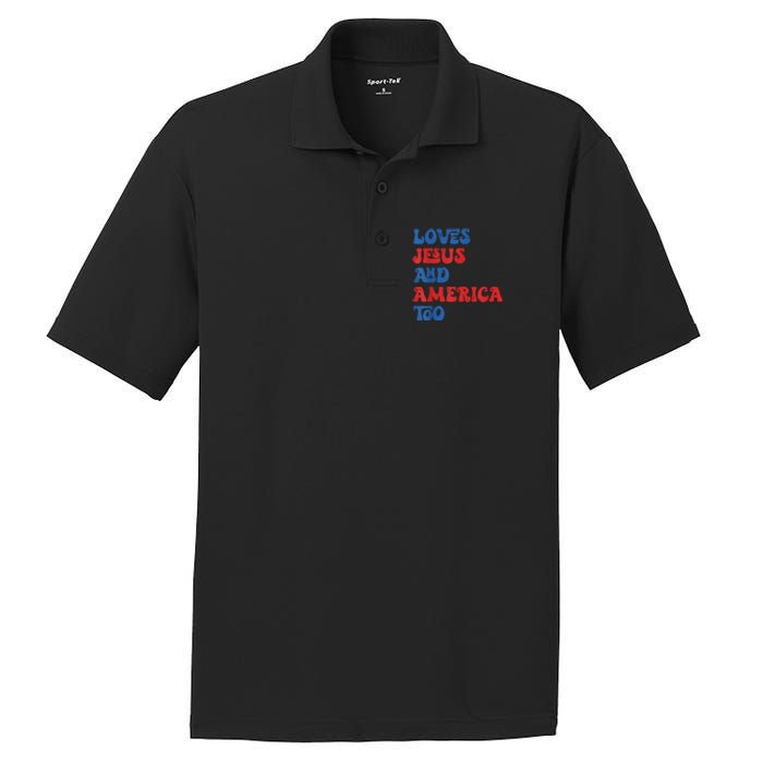 Loves Jesus and America Too God Christian 4th of July retro PosiCharge RacerMesh Polo