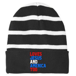 Loves Jesus And America Too 4th Of July Striped Beanie with Solid Band