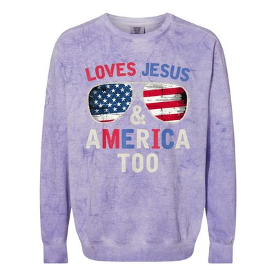 Loves Jesus and America Too Retro God Christian 4th of July Colorblast Crewneck Sweatshirt