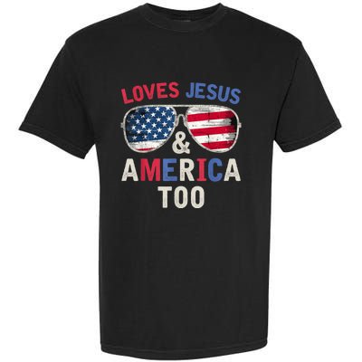 Loves Jesus and America Too Retro God Christian 4th of July Garment-Dyed Heavyweight T-Shirt