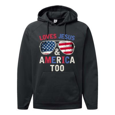 Loves Jesus and America Too Retro God Christian 4th of July Performance Fleece Hoodie