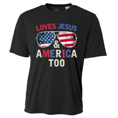 Loves Jesus and America Too Retro God Christian 4th of July Cooling Performance Crew T-Shirt